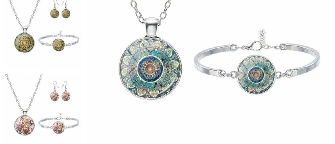 Mandala Flower Religious Time Gem Necklace Set