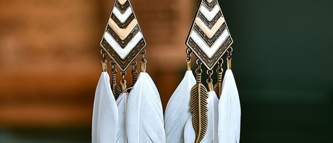 Diamond Leaf Long Tassel Feather Earrings For Female Bohemian Accessori
